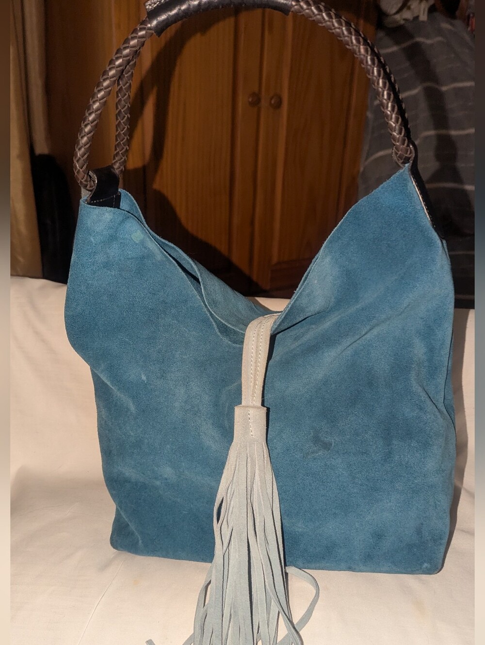 Uno Alla Volta Teal Slatish Hue Suede Hobo Bucket Bag with Tassel Accent